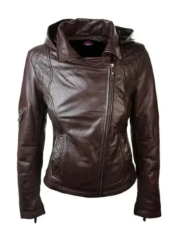 A women's slim-fit dark brown leather biker jacket featuring an asymmetrical front zipper, an integrated leather hood, diamond-quilted shoulder panels, and a small zippered sleeve pocket.
