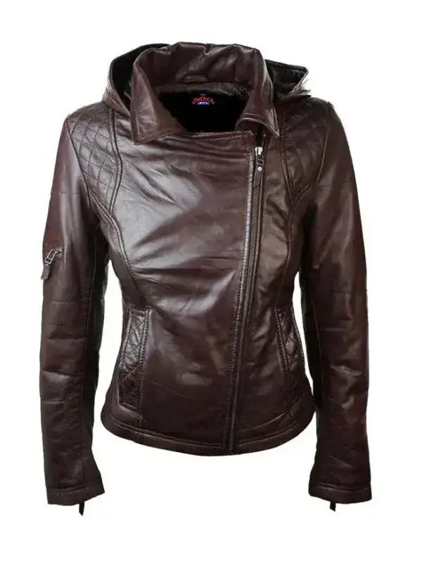 A women's slim-fit dark brown leather biker jacket featuring an asymmetrical front zipper, an integrated leather hood, diamond-quilted shoulder panels, and a small zippered sleeve pocket.