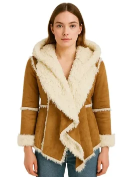 Women’s Brown Shearling Hooded Overcoat