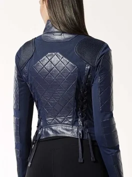 Womens Navy Blue Biker Leather Jacket back