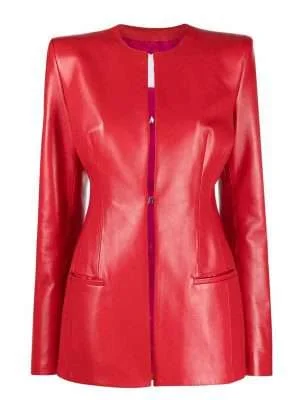 Women’s Red Collarless Leather Jacket