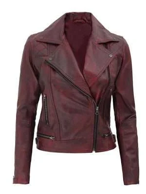 Women’s Red Distressed Leather Motorcycle Jacket