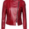 Women’s Red Slim-Fit Leather Cafe Racer Jacket
