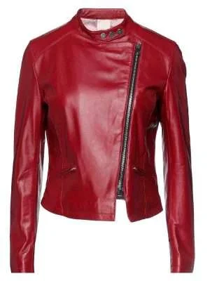 Women’s Red Slim-Fit Leather Cafe Racer Jacket