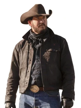 Cole Hauser wearing the black leather Rip Wheeler jacket from Yellowstone, a rugged and iconic cowboy style