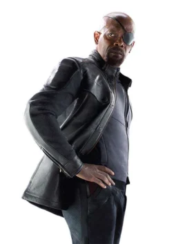 Age Of Ultron Nick Fury Jacket featuring a premium black leather finish and a high collar for a bold leader look.