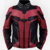 Ant Man Red Jacket featuring a front view with sturdy fasteners and a modern high fashion aesthetic.