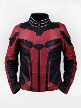 Ant Man Red Jacket featuring a front view with sturdy fasteners and a modern high fashion aesthetic.