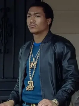 BMF Demetrius ‘Lil Meech’ Flenory Black Bomber Jacket shown in a close up view from the television series.