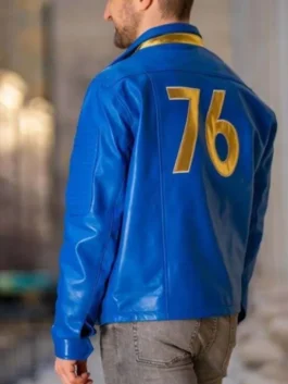 Back of a Fallout Vault Dweller 76 leather jacket, showing the large gold '76' logo on a blue jacket.