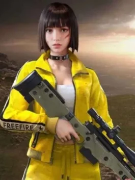 Free Fire Kelly Jacket shown with iconic black stripes and a sleek collar that captures the athletic gaming look.