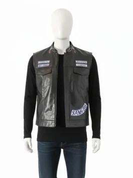 Mannequin wearing a zipped jax teller vest sons of anarchy Samcro leather cut with SAMCRO patch, President and Redwood Original patches.
