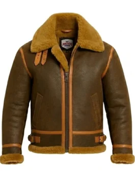 Front view of a men's B3 aviator jacket in distressed brown leather with a thick, plush tan shearling collar and lining.