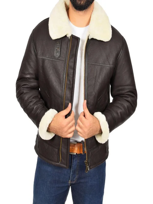 Men Dark Brown Shearling Leather Jacket - Image 2