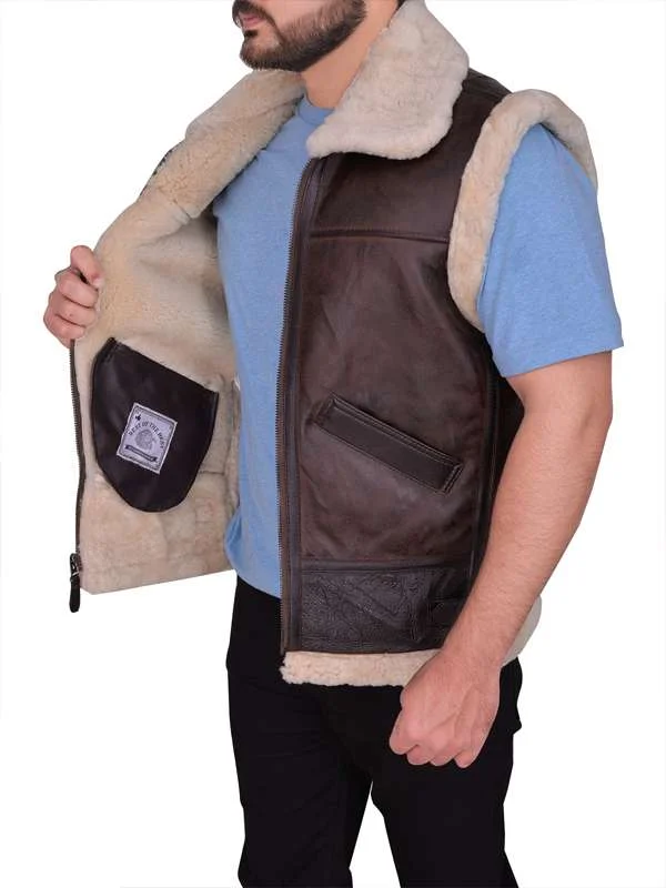 Men Sheepskin Brown Vest - Image 3