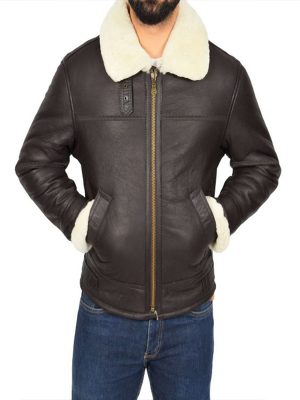 Men Dark Brown Shearling Leather Jacket