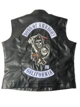 Sons of Anarchy leather vest featuring the iconic Reaper logo, California bottom rocker, and SOA top rocker. soa leather vest