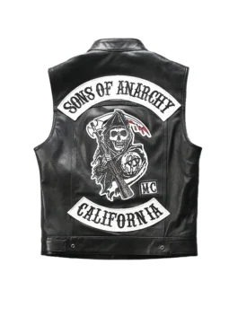 Close-up of a black sons of anarchy leather vest California cut, clearly showing the large back patches, including the Reaper logo.