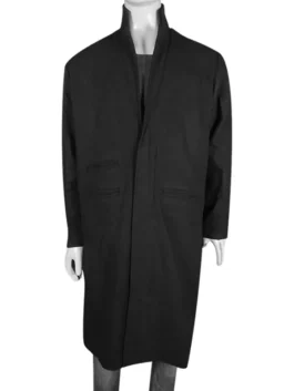 Thomas Shelby Trench Coat front view in professional black wool with a luxury wide peak lapel.