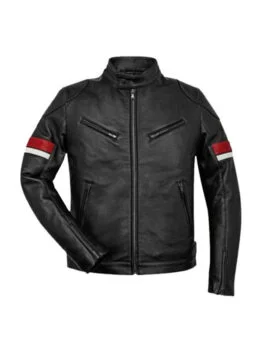 Men's Black Cafe Racer Red and White Striped Jacket