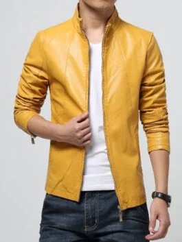 Men Stand Collar Yellow Leather Jacket