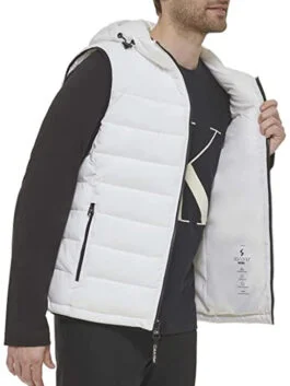 White Hooded Puffer Vest For Men