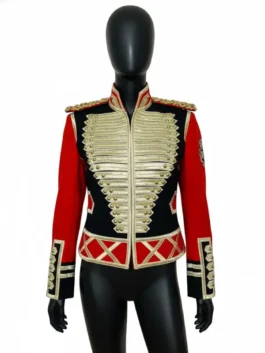 Front view of the iconic Leave Me Alone Michael Jackson jacket on a mannequin, showcasing the gold braiding, studded front, and red and black military style. Michael Jackson military jacket.