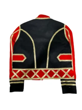 Back view of the Michael Jackson Leave Me Alone red and black jacket, featuring intricate gold trim, a black center panel, and red sleeves. MJ Leave Me Alone jacket.