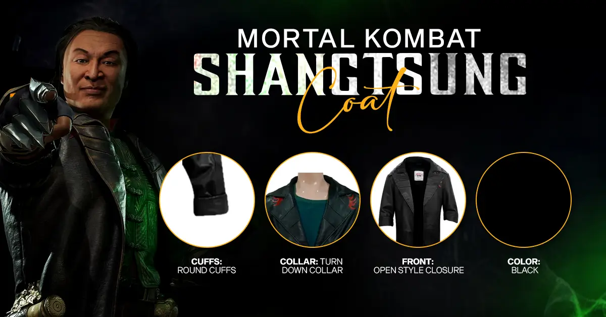 Detailed Mortal Kombat Shang Tsung Coat infographic featuring the black leather jacket’s turn-down collar, round cuffs, and open style closure.