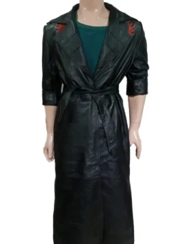 A Mortal Kombat Shang Tsung attire showcase featuring a floor-length black leather jacket with a waist tie, inspired by the Mortal Kombat movie coat design.