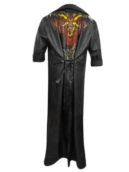 Rear view of a Mortal Kombat Shang Tsung coat featuring a vibrant red and yellow dragon graphic on black leather. Ideal for Shang Tsung cosplay coat fans.