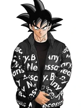 Dragon Ball Z Goku Drip Black Puffer Jacket shown on Son Goku with black printed puffer design