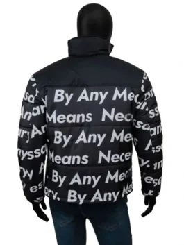 Back model view of Dragon Ball Z Goku Drip Black Puffer Jacket with bold white text print