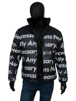 Front model view of Dragon Ball Z Goku Drip Black Puffer Jacket with stand up collar