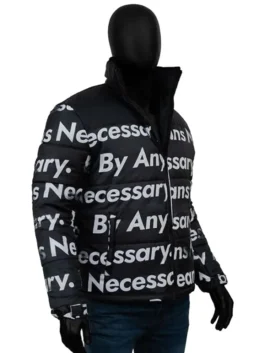 Side model view of Dragon Ball Z Goku Drip Black Puffer Jacket with white printed text