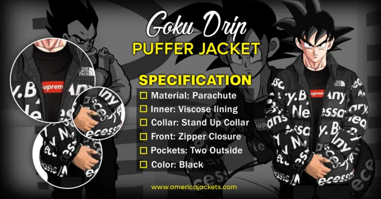 Dragon Ball Z Goku Drip Black Puffer Jacket specification banner with material and design details