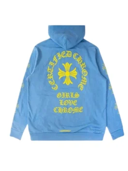 Back view of a light blue streetwear hoodie with a cozy hood and ribbed hem, detailed with signature yellow art.