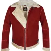 Front view of Red Spirited Ryan Reynolds golden shearling jacket with zip closure, showcasing cozy Christmas fashion.