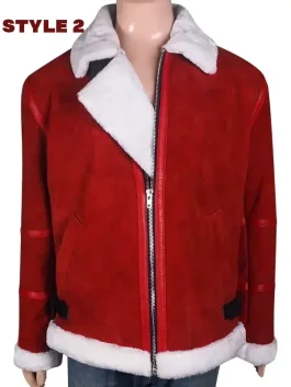 Red Spirited Ryan Reynolds jacket with white shearling collar and cuffs, inspired by his holiday movie outfit from Spirited.