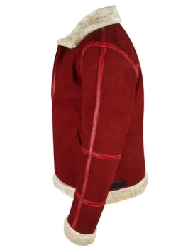 Side pose of Ryan Reynolds Santa jacket from Spirited, red shearling design adding festive warmth and celebrity-style flair.