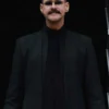 Sonic Jim Carrey Dr Robotnik wool coat in a sleek black finish, featuring a high collar and the iconic villain's signature mustache.