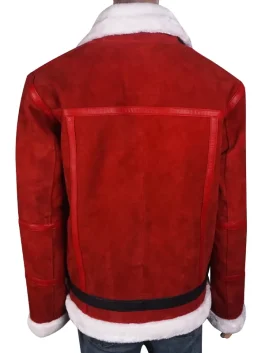 Back view of Spirited Ryan Reynolds jacket showing red suede texture with white shearling trim and Christmas-inspired design.