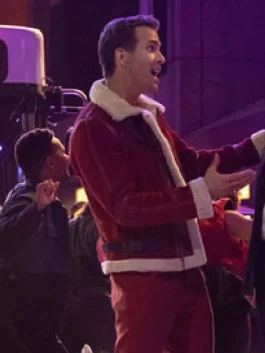 Ryan Reynolds Jacket Spirited outfit featuring red shearling jacket with white fur collar inspired by the Christmas film.