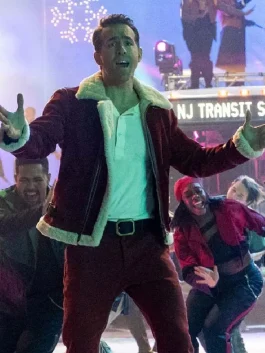 Ryan Reynolds Spirited Jacket in red shearling design from the movie Spirited, styled for a festive Christmas look.