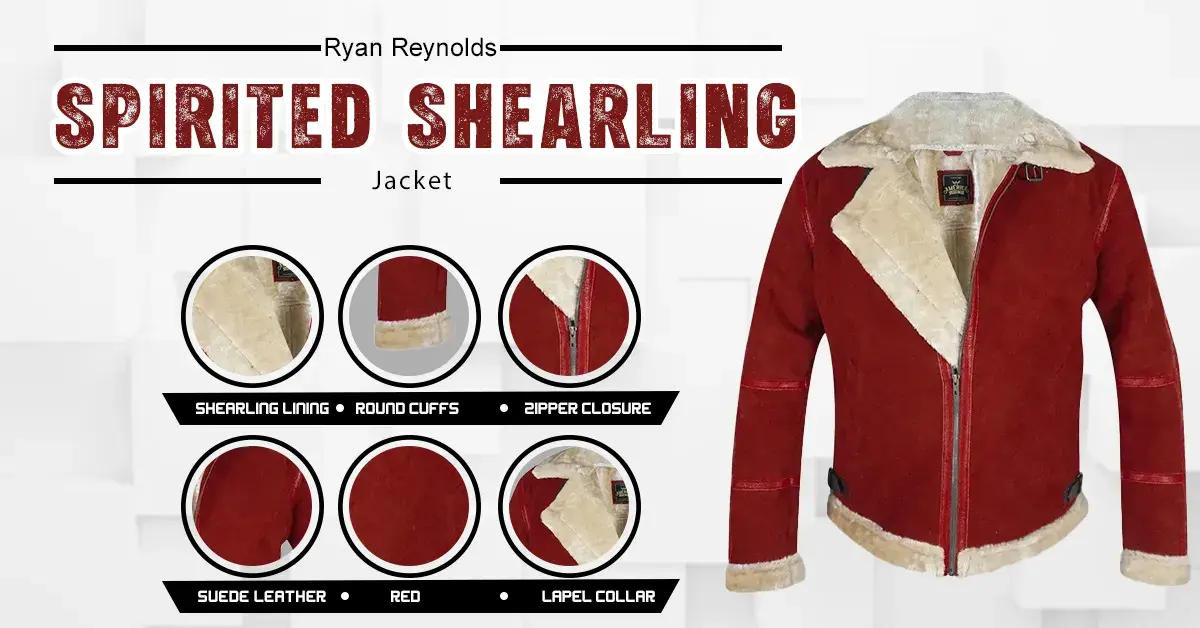 Ryan Reynolds Spirited Jacket featuring the red color and white collar details from the holiday movie.