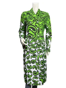 Lily Collins as Emily Cooper in Emily in Paris Season 3 wearing a long green and white abstract print coat on a hanger.