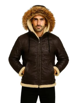 Men’s B3 Dark Brown Shearling Hooded Jacket
