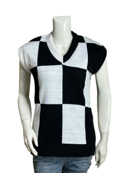 Front view of the checkered Wednesday Addams Sweater Vest in black and grey by America Jackets.