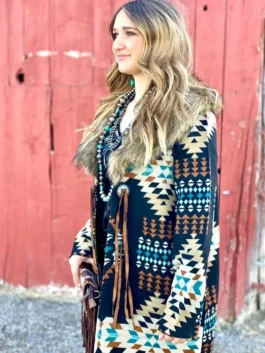 Bohemian style patterned overcoat featuring turquoise and earth-tone accents