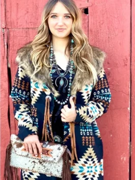 Colorful geometric pattern fleece coat with a cozy shearling-style neckline